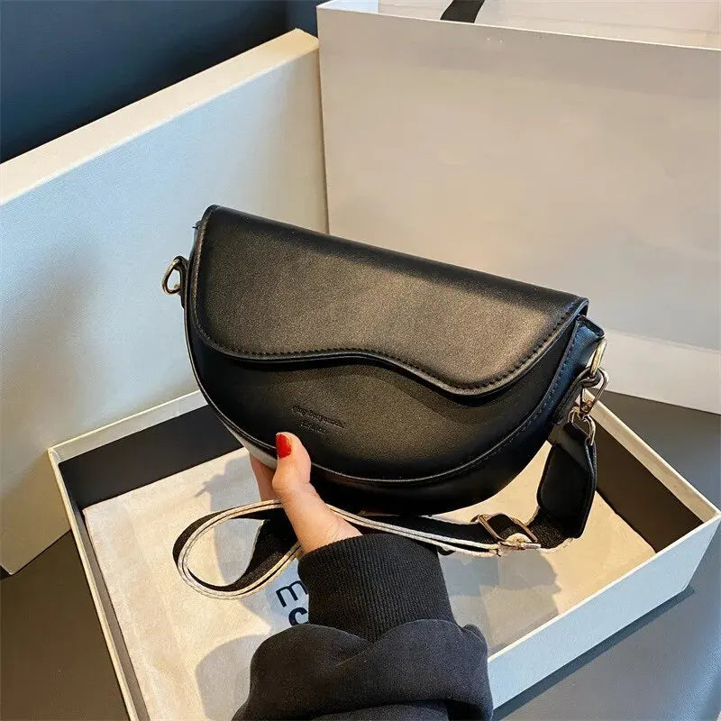 Women Vintage Solid Color Small Saddle Bag – PU Leather Flap Shoulder & Underarm Crossbody Bag with Wide Strap