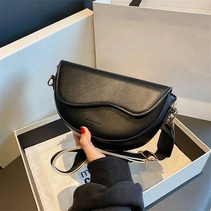 Women Vintage Solid Color Small Saddle Bag – PU Leather Flap Shoulder & Underarm Crossbody Bag with Wide Strap