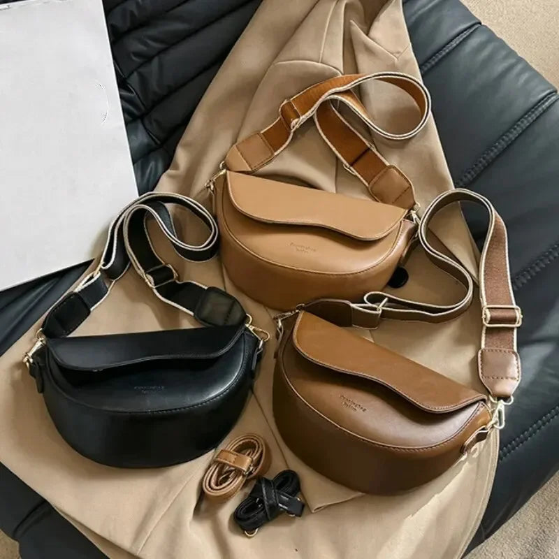 Women Vintage Solid Color Small Saddle Bag – PU Leather Flap Shoulder & Underarm Crossbody Bag with Wide Strap