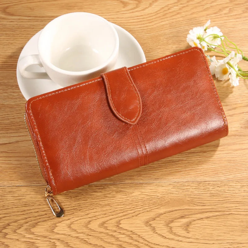 Oil Wax Leather Wallet, Mobile Phone Bag, Long Zipper Coin Bag, Women's Card Bag, Solid Color Large Bill Holder Wallet