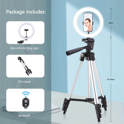 26cm LED Selfie Ring Light with Tripod Stand & Phone Holder – Photography Lighting Lamp with Remote Control for YouTube & Video Recording