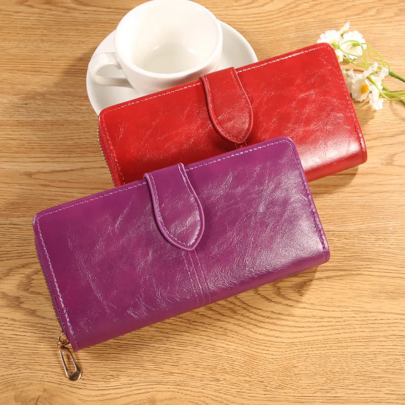 Oil Wax Leather Wallet, Mobile Phone Bag, Long Zipper Coin Bag, Women's Card Bag, Solid Color Large Bill Holder Wallet