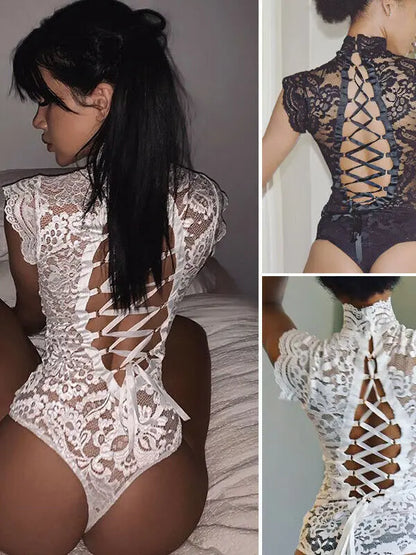 Lace See-tough Body Suit Ba Strap Tightening One-piece Street Sle Hollow out l Waist ort Pants Thin Model - Shopy Max