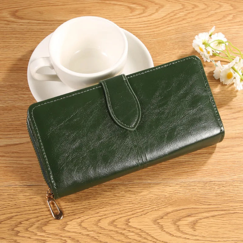 Oil Wax Leather Wallet, Mobile Phone Bag, Long Zipper Coin Bag, Women's Card Bag, Solid Color Large Bill Holder Wallet