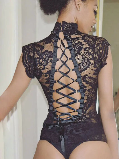 Lace See-tough Body Suit Ba Strap Tightening One-piece Street Sle Hollow out l Waist ort Pants Thin Model - Shopy Max