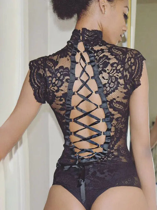 Lace See-tough Body Suit Ba Strap Tightening One-piece Street Sle Hollow out l Waist ort Pants Thin Model - Shopy Max