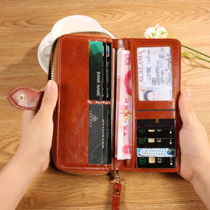 Oil Wax Leather Wallet, Mobile Phone Bag, Long Zipper Coin Bag, Women's Card Bag, Solid Color Large Bill Holder Wallet