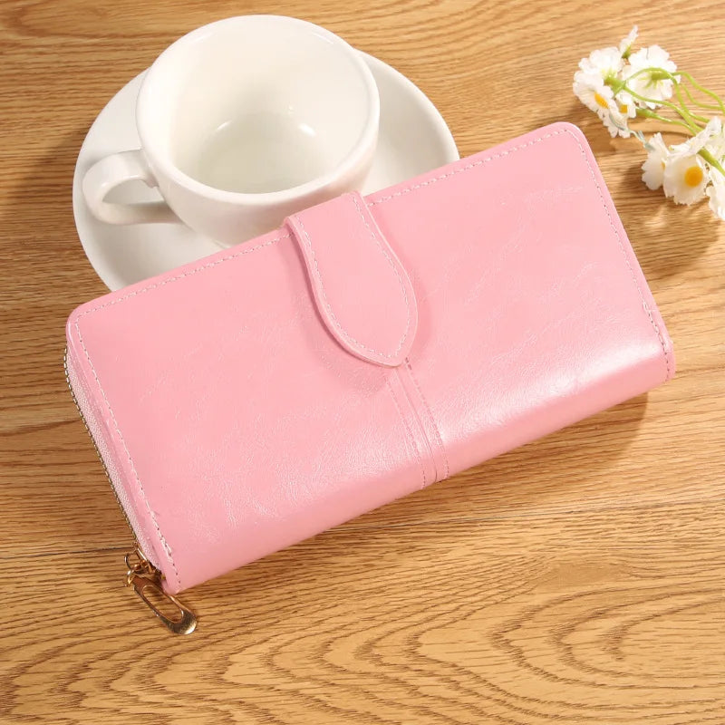 Oil Wax Leather Wallet, Mobile Phone Bag, Long Zipper Coin Bag, Women's Card Bag, Solid Color Large Bill Holder Wallet