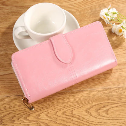 Oil Wax Leather Wallet, Mobile Phone Bag, Long Zipper Coin Bag, Women's Card Bag, Solid Color Large Bill Holder Wallet