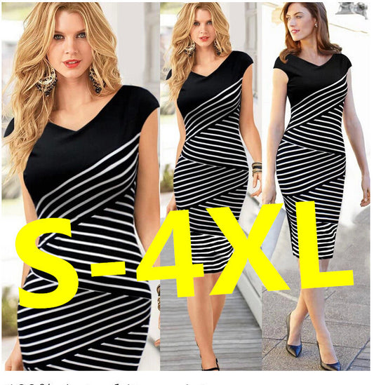 Hot-selling black and white stripe plus size summer women's one-piece dress slim pencil skirt 498 - Shopy Max