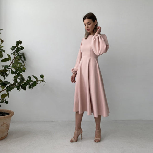 CHURSES Sexy Backless Midi Dress Lantern Sleeve O-Neck Autumn Folds A-Line Fashion Party Night Club Long Dresses For Women