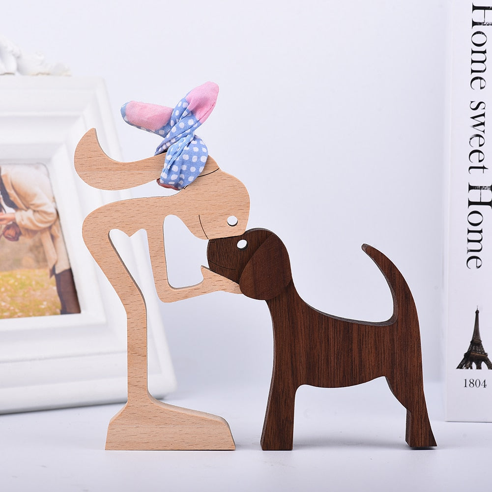 Family Puppy Wood Dog Craft Figurine Desktop Table Ornament