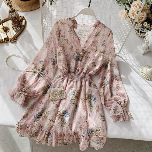 2019 new fashion women's French dress female temperament V-neck long-sleeved chiffon floral dresses