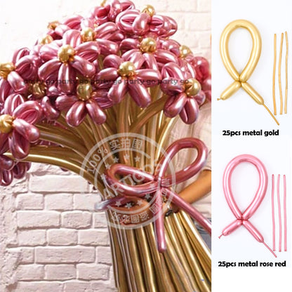 50pcs Magic Long Metallic Balloons DIY Rose Gold Chrome Twisting Strip Ball Selfmade Flower Shape Valentines Gifts Wedding Decor
