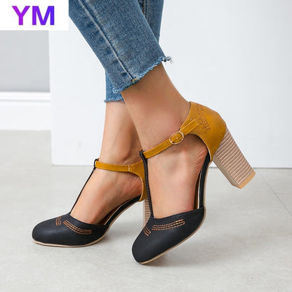 Heels Buckle Shoes Women Pumps Round Toe T Ankle Buckle Strap Party Dress Pumps Ladies