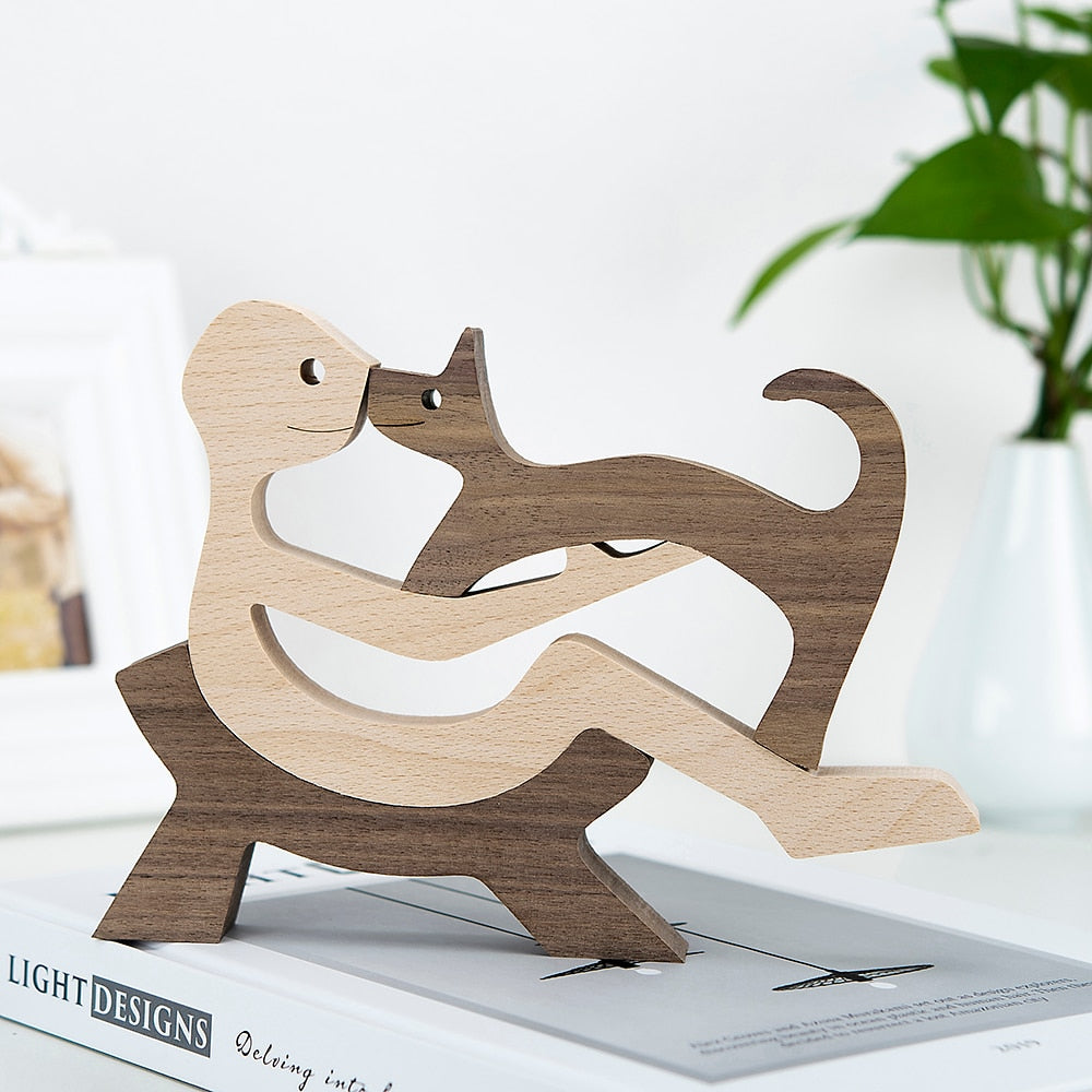 Family Puppy Wood Dog Craft Figurine Desktop Table Ornament