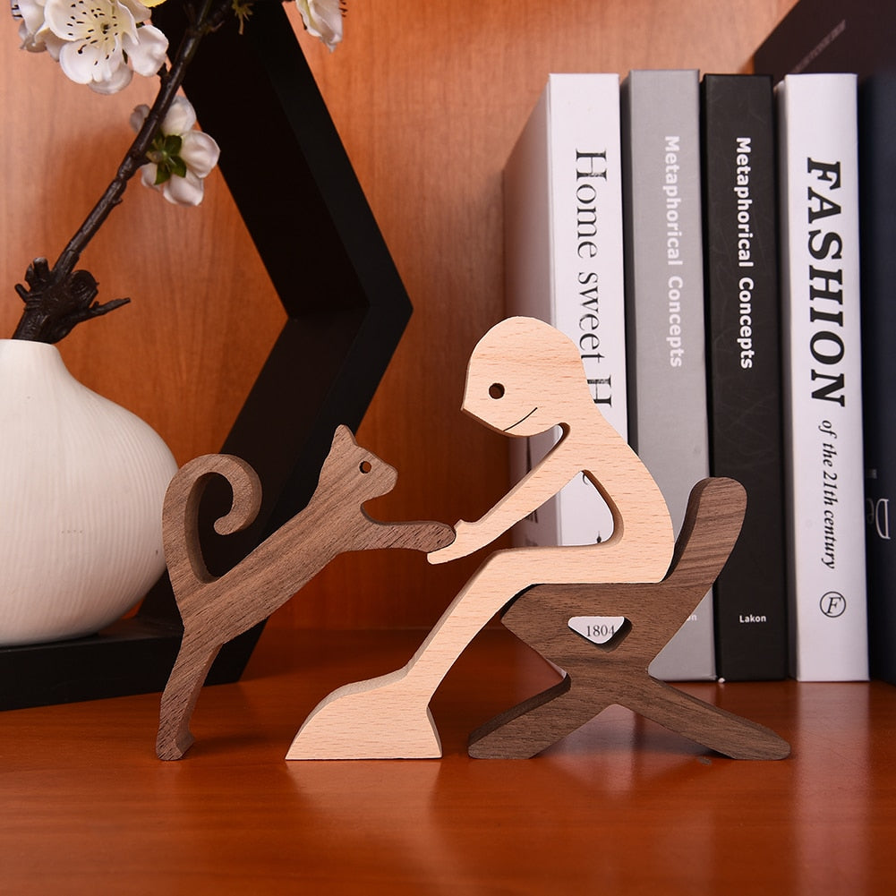 Family Puppy Wood Dog Craft Figurine Desktop Table Ornament