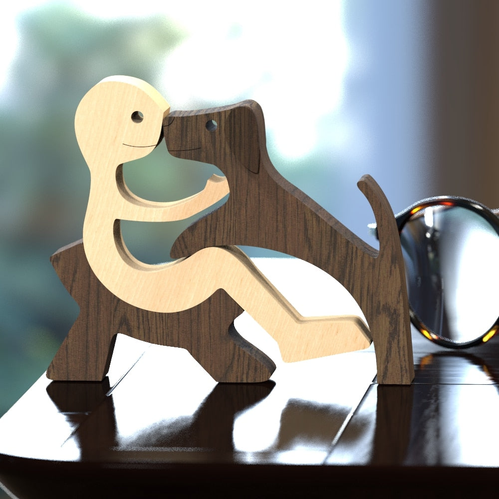 Family Puppy Wood Dog Craft Figurine Desktop Table Ornament