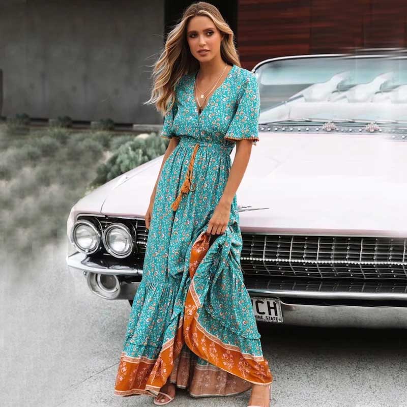 BOHO INSPIRED blus floral maxi dress V-neck button down lace