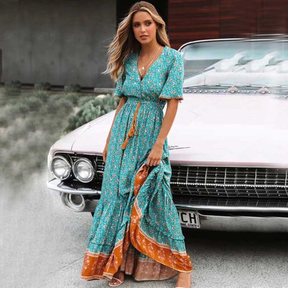 BOHO INSPIRED blus floral maxi dress V-neck button down lace