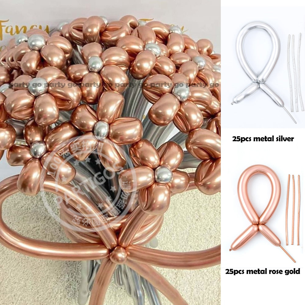 50pcs Magic Long Metallic Balloons DIY Rose Gold Chrome Twisting Strip Ball Selfmade Flower Shape Valentines Gifts Wedding Decor
