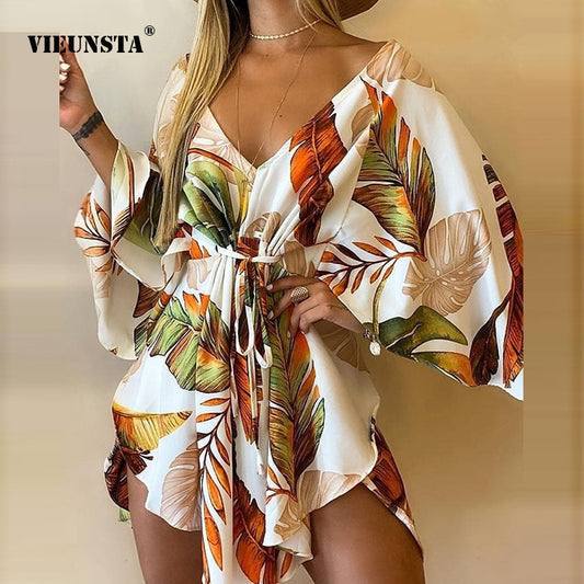 New Summer Women Elegant Dresses Sexy V Neck Lace-up Floral Printed Mini
