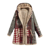Winter Vintage Women Coat Warm Printing Thick Fleece Hooded Long
