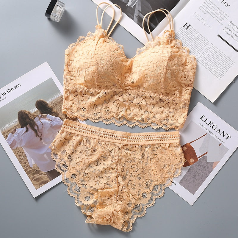 et French Bralette Lace Panties Cropped Bra Pantys Set Female