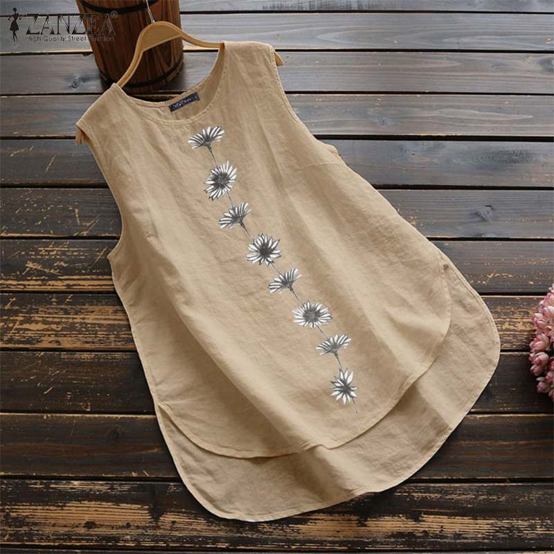 Women&#39;s Irregular Blouse ZANZEA 2022  Tanks Tops Casual Linen Blusas Female Sleeveless Chemise Summer Tee Shirts