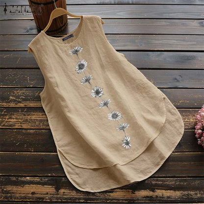 Women&#39;s Irregular Blouse ZANZEA 2022  Tanks Tops Casual Linen Blusas Female Sleeveless Chemise Summer Tee Shirts