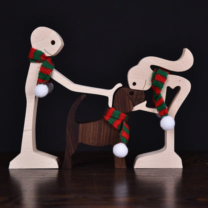 Family Puppy Wood Dog Craft Figurine Desktop Table Ornament
