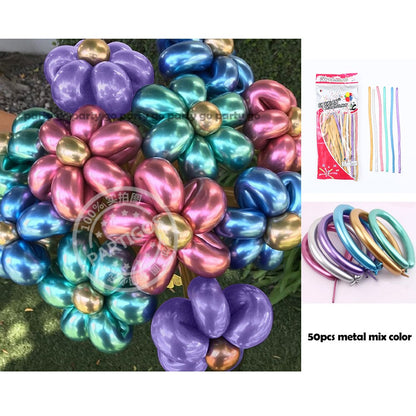 50pcs Magic Long Metallic Balloons DIY Rose Gold Chrome Twisting Strip Ball Selfmade Flower Shape Valentines Gifts Wedding Decor
