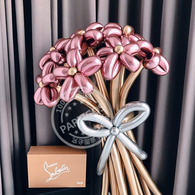 50pcs Magic Long Metallic Balloons DIY Rose Gold Chrome Twisting Strip Ball Selfmade Flower Shape Valentines Gifts Wedding Decor