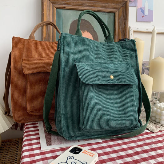 Hylhexyr Corduroy Shoulder Bag Women Vintage Shopping Bags Zipper Girls Student Bookbag Handbags Casual Tote With Outside Pocket