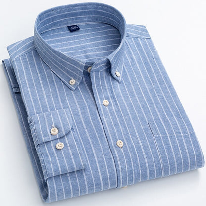 Men's Regular-Fit Shirt Cotton Line Long Sleeve Loose Business Dress Pure Color Button Shirt Men Blue White Tops Camisa Hombre L