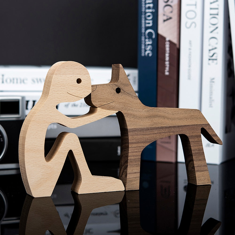 Family Puppy Wood Dog Craft Figurine Desktop Table Ornament