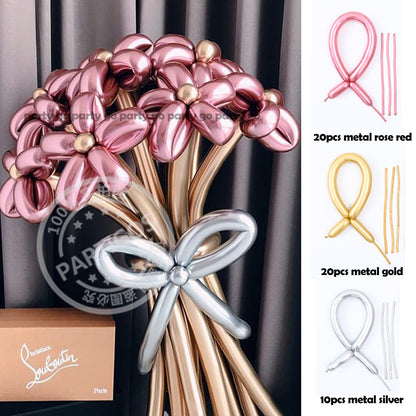 50pcs Magic Long Metallic Balloons DIY Rose Gold Chrome Twisting Strip Ball Selfmade Flower Shape Valentines Gifts Wedding Decor