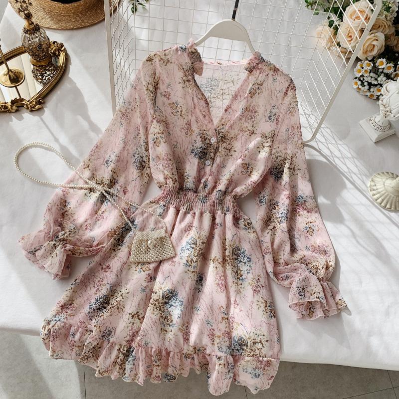 2019 new fashion women's French dress female temperament V-neck long-sleeved chiffon floral dresses