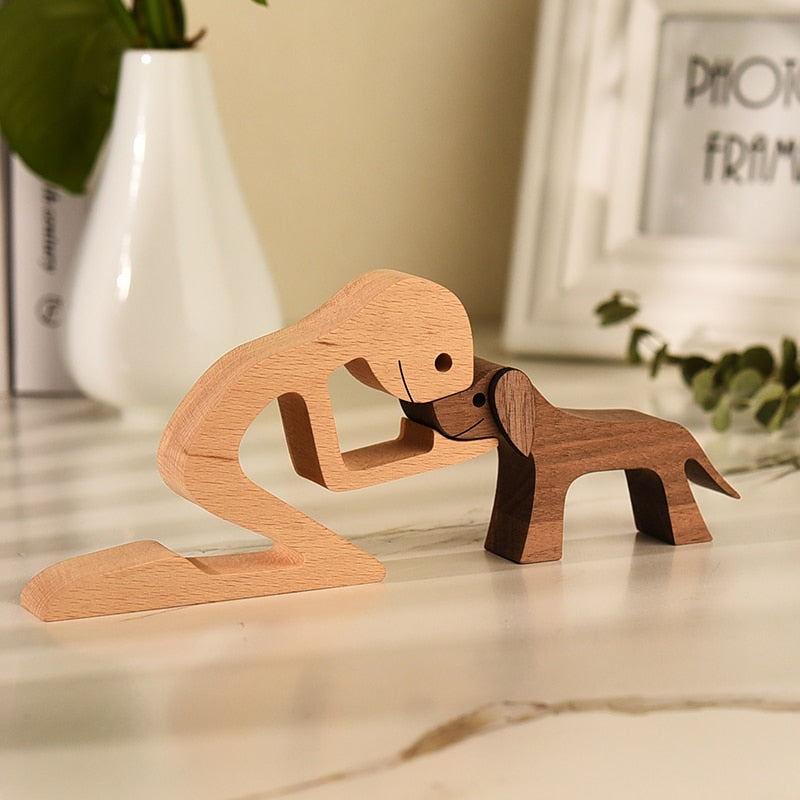 Family Puppy Wood Dog Craft Figurine Desktop Table Ornament