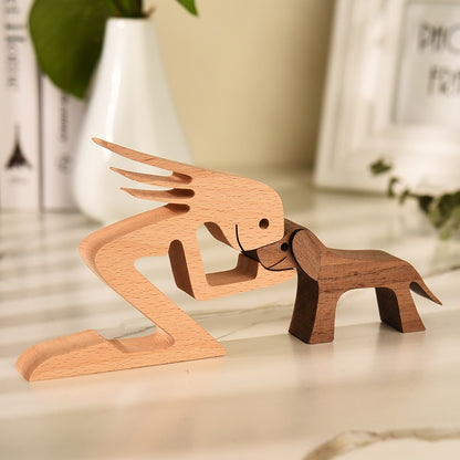 Family Puppy Wood Dog Craft Figurine Desktop Table Ornament