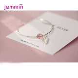 Vintage Style Feather Jewelry Bangle for Ladies Fine 925 Sterling Silver with Pink Strawberry Stone Adjustable Bracelets