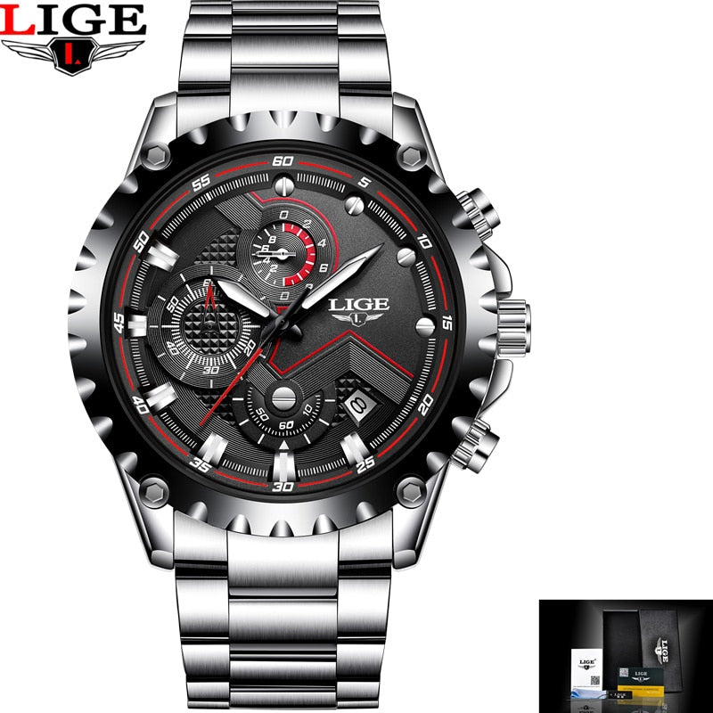 LIGE Top Brand Luxury Mens Fashion Watch Men Sport Waterproof Quartz Watches Men All Steel Army