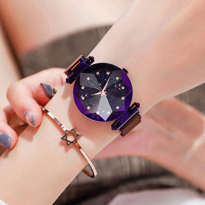 Luxury Starry Sky Stainless Steel Mesh Bracelet Watches For Women Crystal Analog Quartz