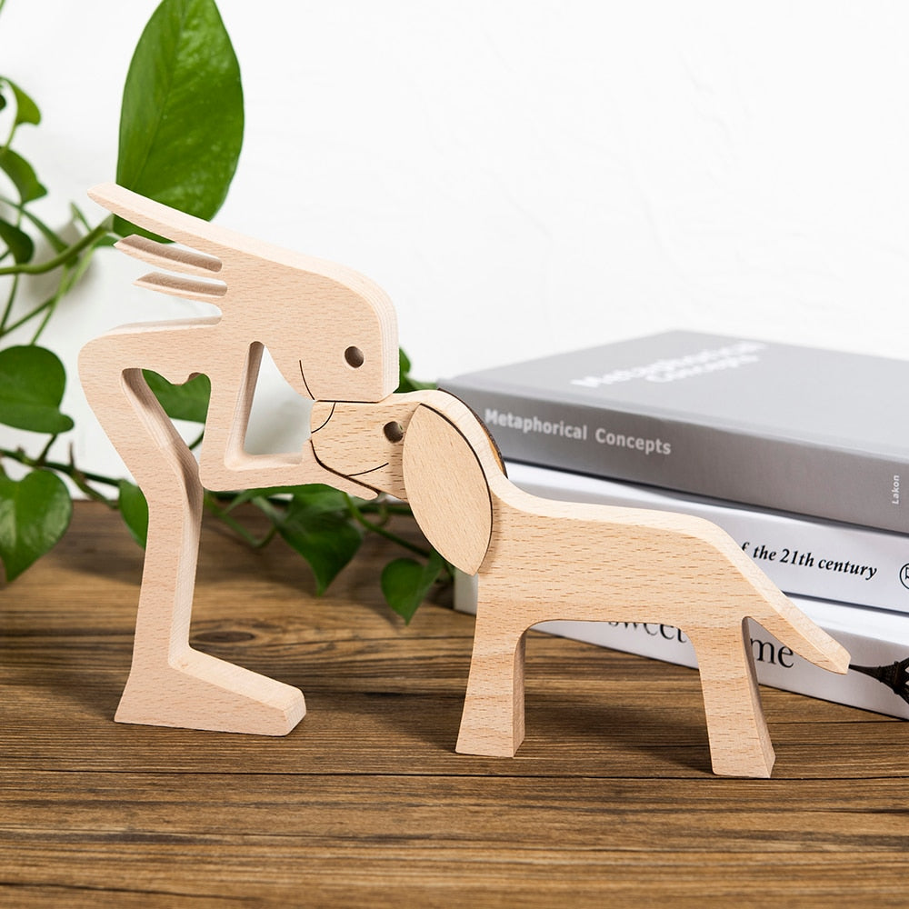 Family Puppy Wood Dog Craft Figurine Desktop Table Ornament