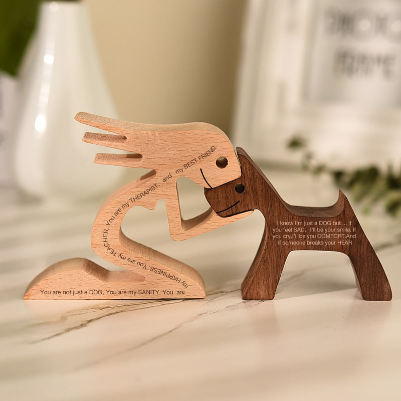 Family Puppy Wood Dog Craft Figurine Desktop Table Ornament
