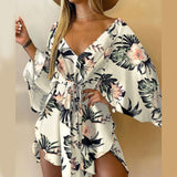 New Summer Women Elegant Dresses Sexy V Neck Lace-up Floral Printed Mini