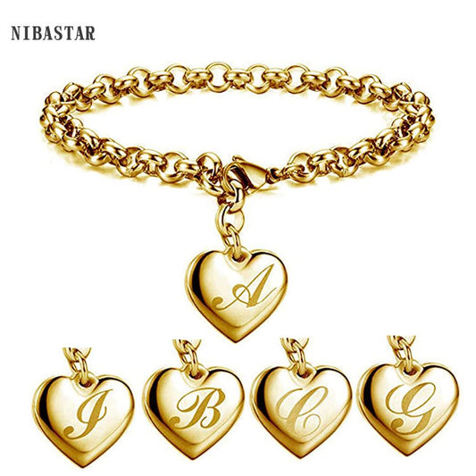 Initial Charm Gold-Color Bracelets Stainless Steel Heart 26 Letters