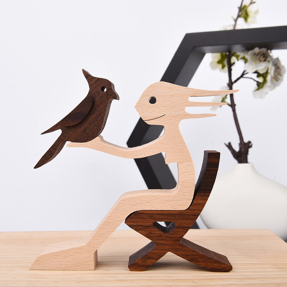 Family Puppy Wood Dog Craft Figurine Desktop Table Ornament