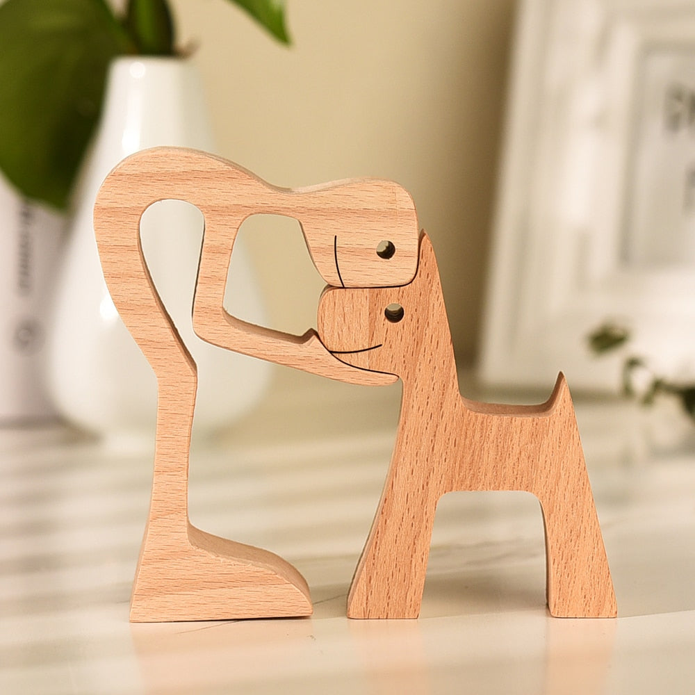 Family Puppy Wood Dog Craft Figurine Desktop Table Ornament