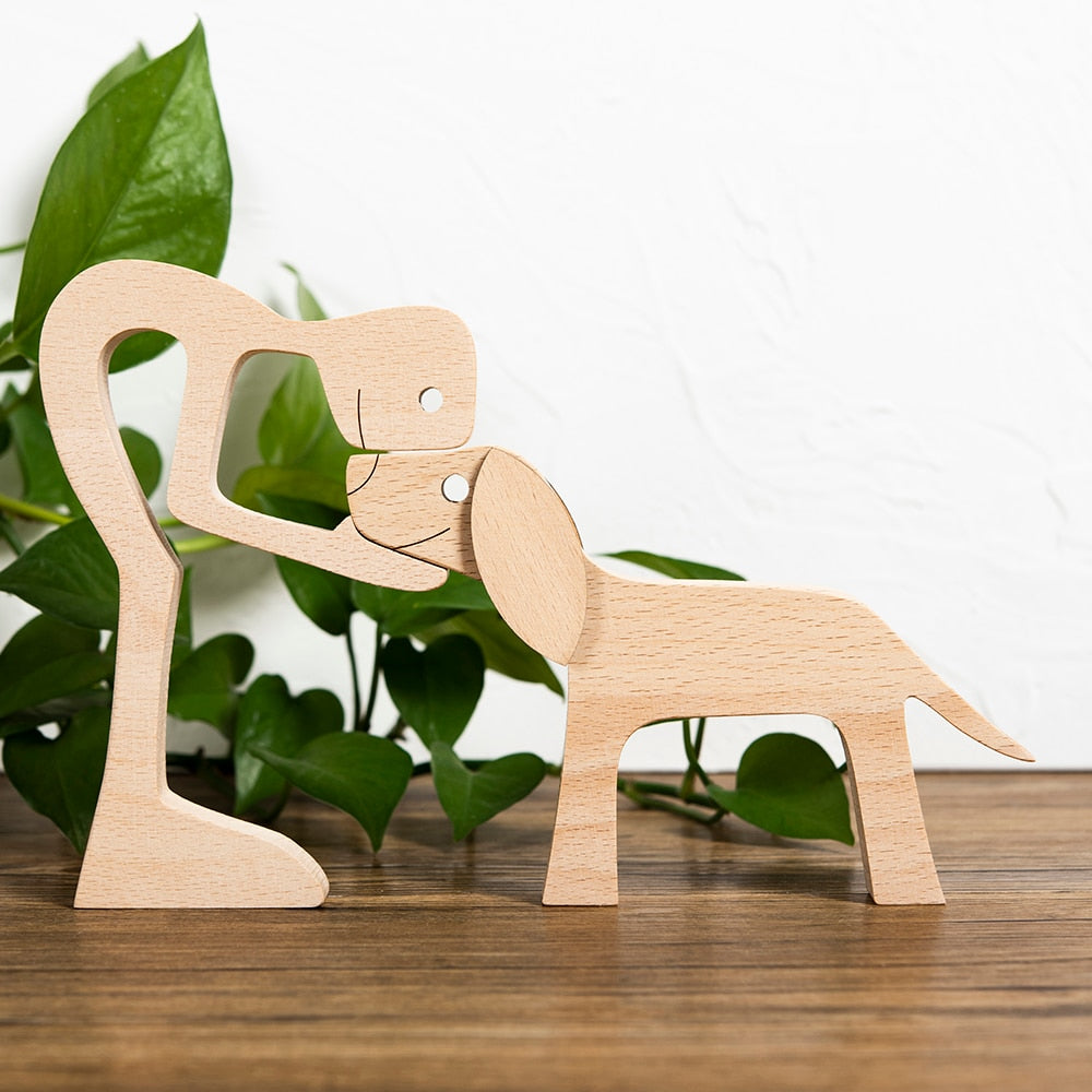 Family Puppy Wood Dog Craft Figurine Desktop Table Ornament
